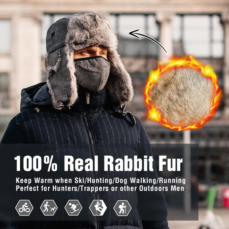 Comhats Winter 100% Real Rabbit Fur Aviator Trapper Hat for Men Ear Flaps Russian Ushanka Cold Weather with Mask Black Large - Image 3